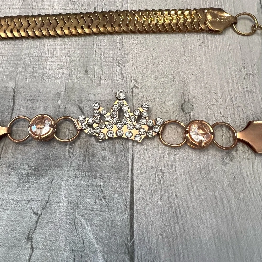 Rose Gold Tone Waist Belt Metal Rhinestone Crown 24-43” Waist Copper Bling Queen
